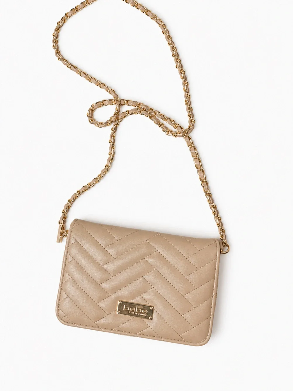 Bebe Los Angeles Quilted Crossbody Wallet Bag Taupe Gold Chain Y2K